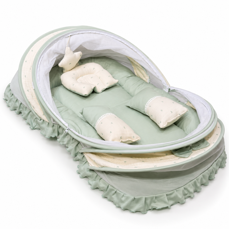 Adorables Baby Mesh Infant Bed | Rainbow Charm & Off White | Bow Work & Lace Design | Rexin, Cotton & Recron