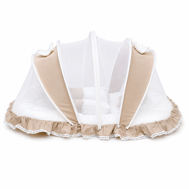Adorables Baby Mesh Infant Bed | Royal Beige & White | Bow Work & Lace Design | Rexin, Cotton & Recron