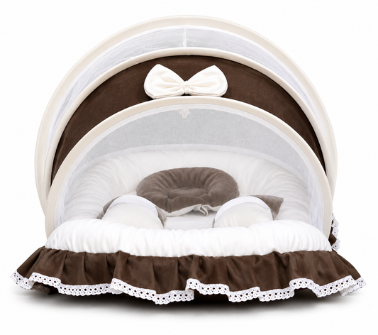 Adorables Baby Mesh Infant Bed | Chocolate Brown & Off White | Bow Work & Lace Design | Rexin, Cotton & Recron