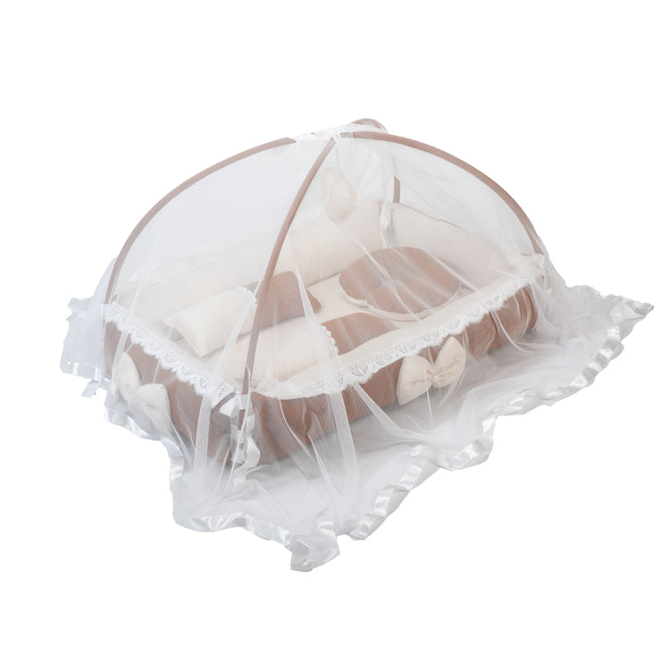 Adorables Baby Oval Bedding Combo Set 3 in 1 | Coffee & Off White | Lace, Bow & Pearl Accents | Cotton & Recron | Includes Oval Bed, Sleeping Bag & Storage Basket