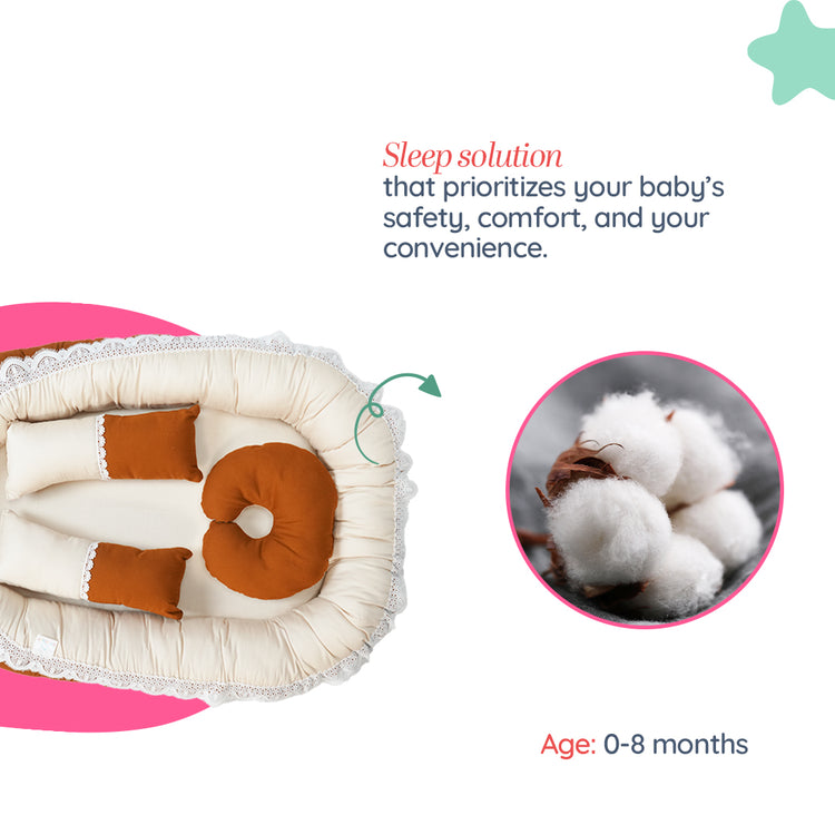 Adorables Baby Nest | Coffee & Off White | Bow Work & Lace Design | Cotton & Recron | With Removable Net & Pillows