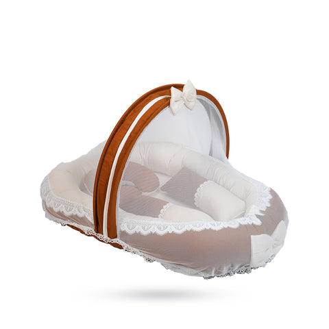 Adorables Baby Nest | Coffee & Off White | Bow Work & Lace Design | Cotton & Recron | With Removable Net & Pillows