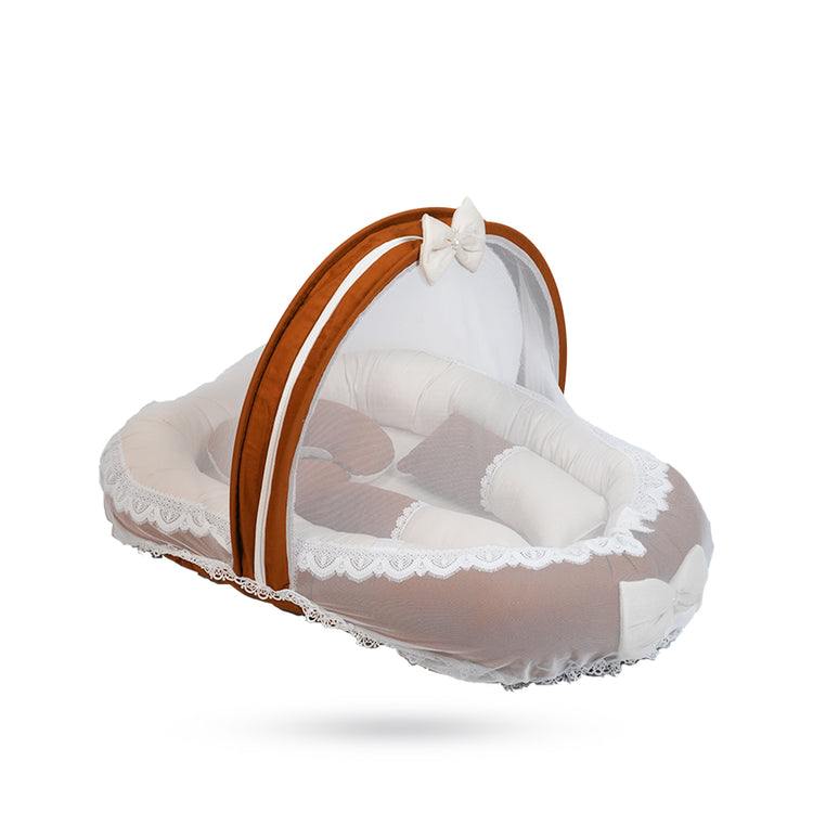 Adorables Baby Nest Bedding Combo Set 3 in 1 | Coffee & Off White | Check & Bow Work Design | Cotton & Recron | With Nest Bed, Basket (L) & Sleeping Bag