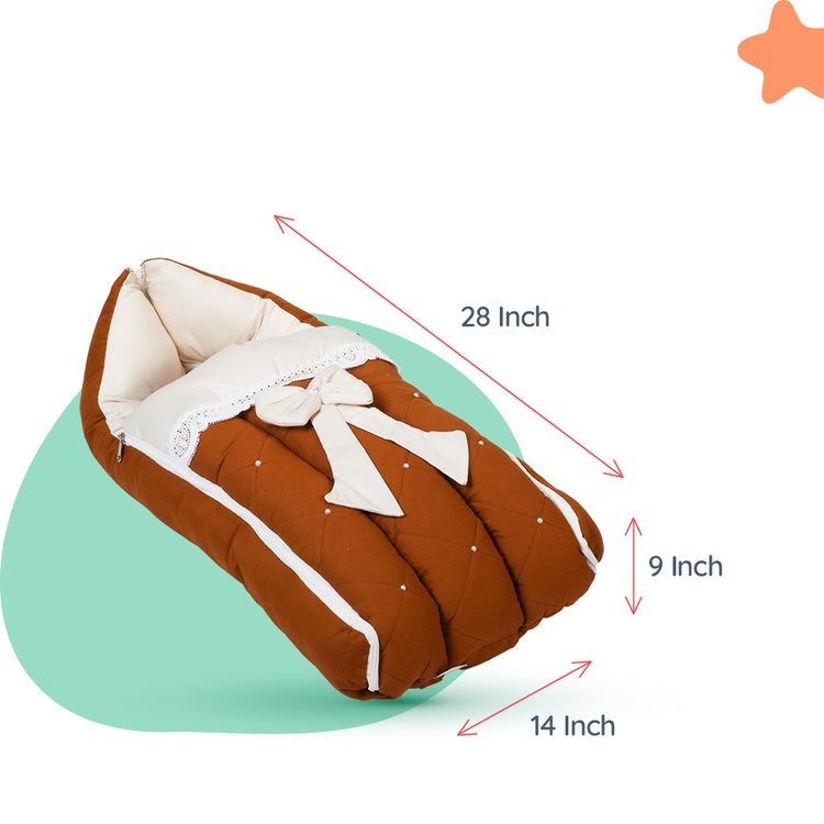 Adorables Baby Sleeping Bag | Coffee & Off White | Bow Work, Pearls Work, Lace Design | Cotton & Recron