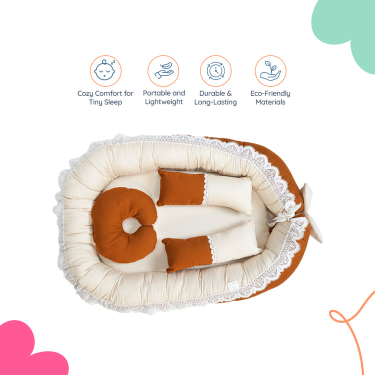 Adorables Baby Nest | Coffee & Off White | Bow Work & Lace Design | Cotton & Recron | With Removable Net & Pillows