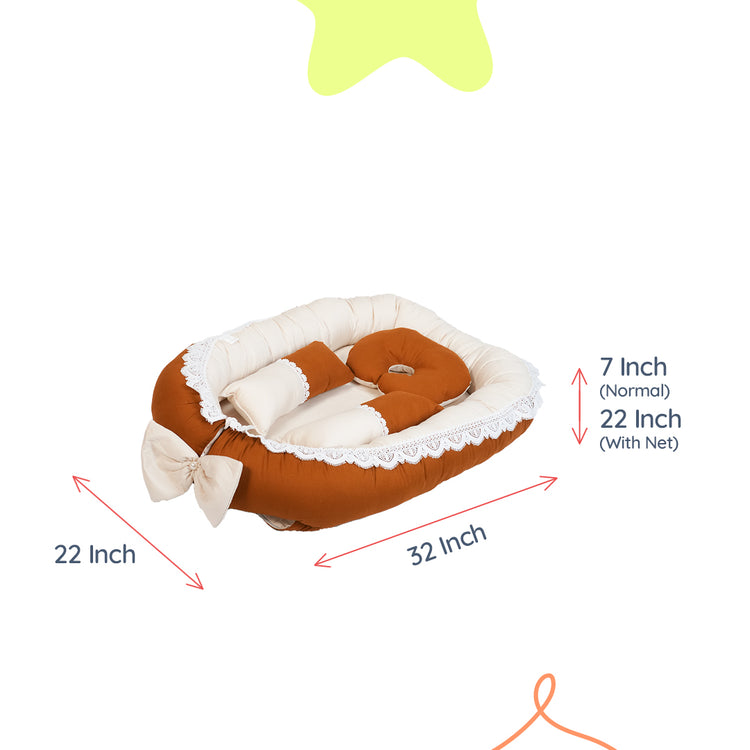 Adorables Baby Nest Bedding Combo Set 4 in 1 | Coffee & Off White | Bow Work, Pearls & Lace Design | Cotton & Recron | With Baby Nest, Sleeping Bag, Basket (L) & Feeding Pillow Short Description