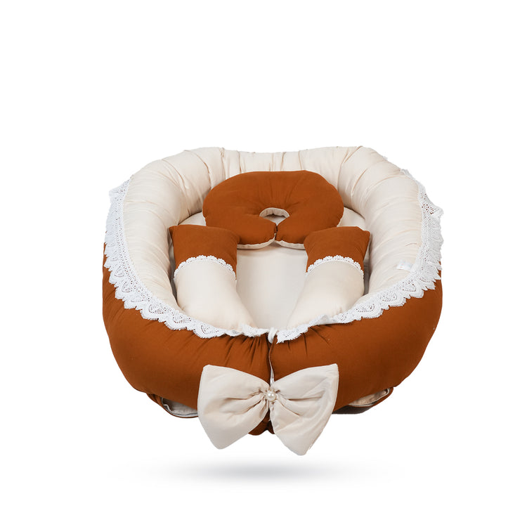 Adorables Baby Nest | Coffee & Off White | Bow Work & Lace Design | Cotton & Recron | With Removable Net & Pillows