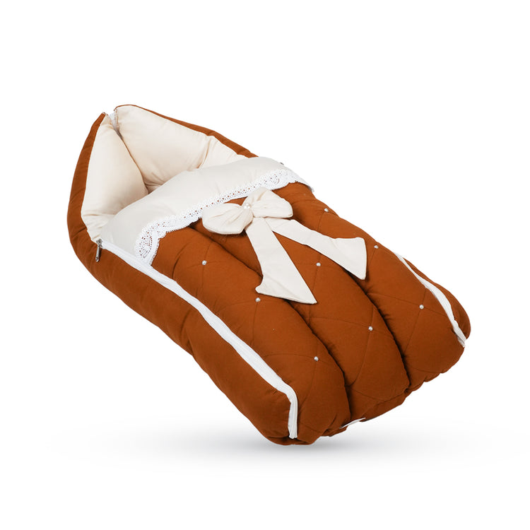Adorables Baby Braided Bedding Combo Set 3 in 1 | Coffee & Off White | Bow & Pearl Work, Lace Design | Cotton & Recron | With Braided Nest, Basket (L) & Sleeping Bag