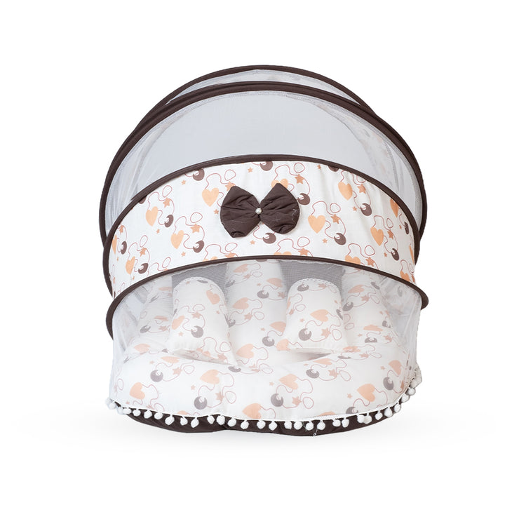 Adorables Baby Hospital Bedding Combo Set 3 in 1 | Dark Coffee & White | Heart Print, Bow & Lace Work | Cotton & Recron | Hospital Bed, Baby Holder & Basket (Large)