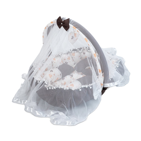 Adorables Oval Bed | Dark Coffee & White | Heart Print, Hanging Pillow, Lace Design, Removable Net