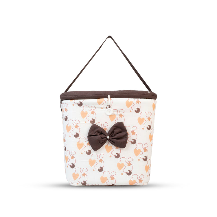 Adorables Baby Hospital Bedding Combo Set 3 in 1 | Dark Coffee & White | Heart Print, Bow & Lace Work | Cotton & Recron | Hospital Bed, Baby Holder & Basket (Large)