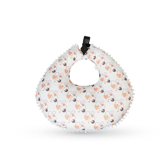 Adorables Feeding Pillow | Coffee & White | Heart Print with Pompom Lace Design | Cotton with Recron Filling