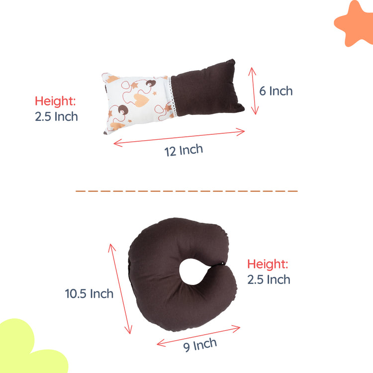 Adorables Pillow Set – Coffee & White | Heart Print with Lace Design | Includes Side & Neck Pillows