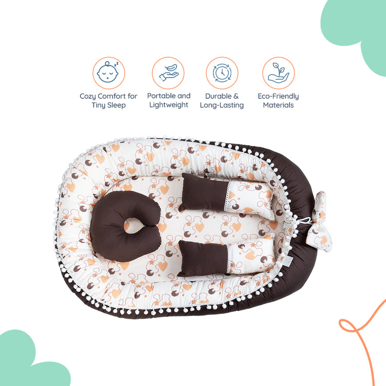 Adorables Baby Nest | Dark Coffee & White | Heart Print & Lace Design | Cotton & Recron | With Removable Net & Pillows