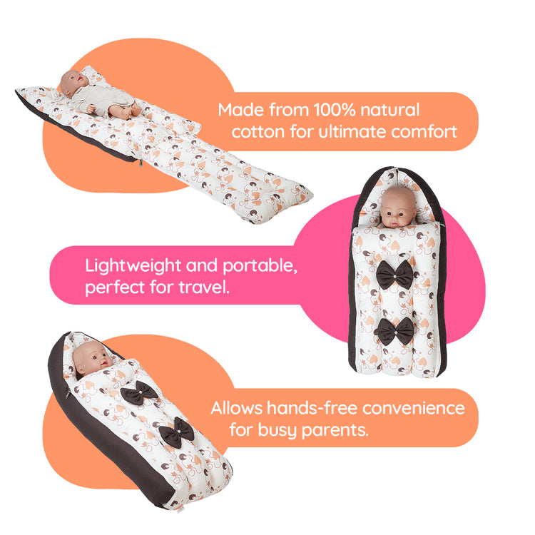 Adorables Baby Holder | Dark Coffee & White | Heart Print & Bow Work | Cotton & Recron