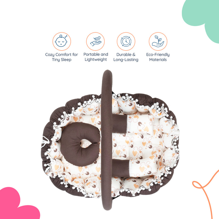 Adorables Oval Bed | Dark Coffee & White | Heart Print, Hanging Pillow, Lace Design, Removable Net