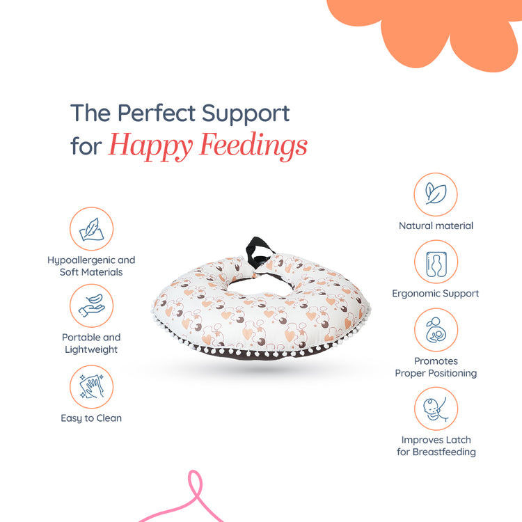 Adorables Feeding Pillow | Coffee & White | Heart Print with Pompom Lace Design | Cotton with Recron Filling
