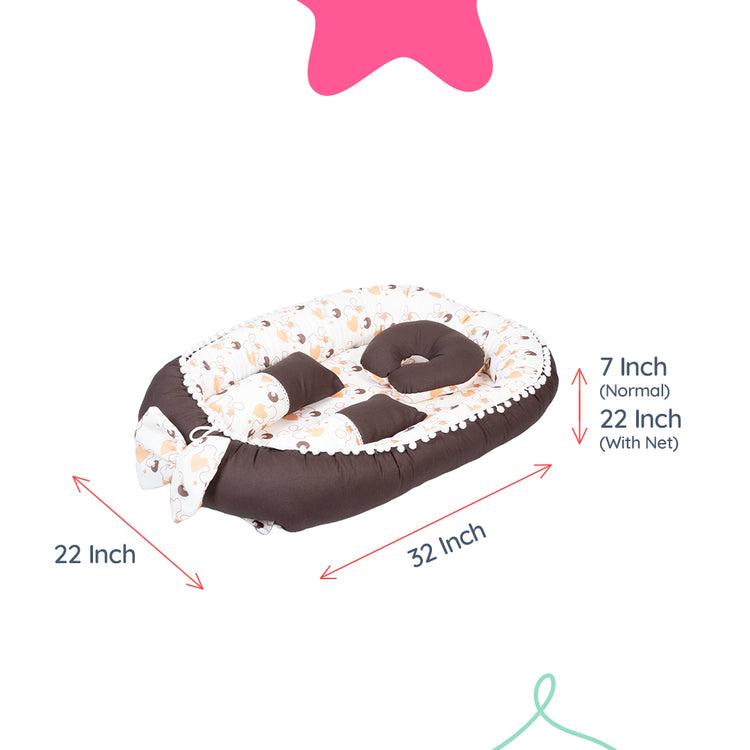 Adorables Baby Nest | Dark Coffee & White | Heart Print & Lace Design | Cotton & Recron | With Removable Net & Pillows