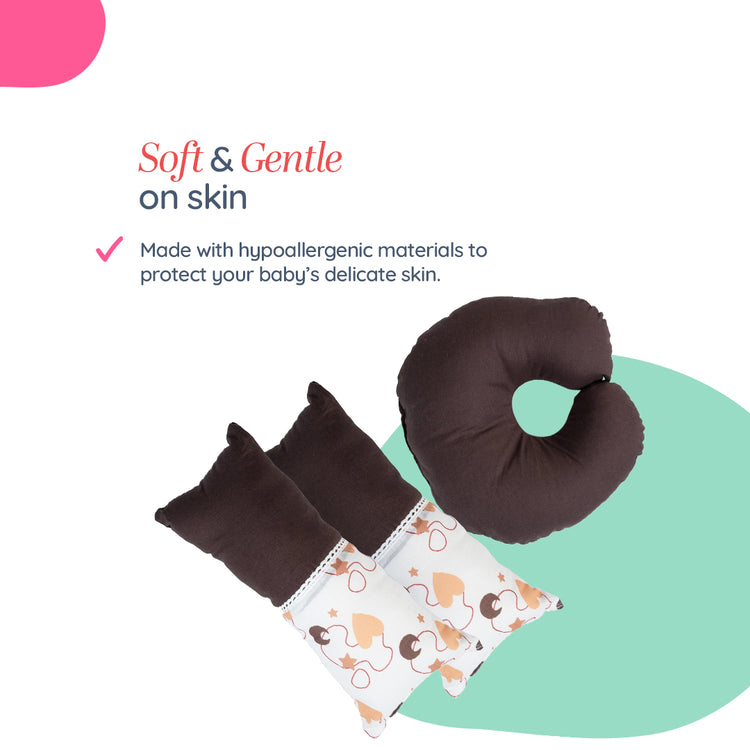 Adorables Pillow Set – Coffee & White | Heart Print with Lace Design | Includes Side & Neck Pillows