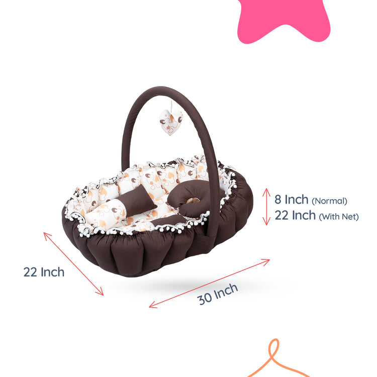 Adorables Oval Bed | Dark Coffee & White | Heart Print, Hanging Pillow, Lace Design, Removable Net