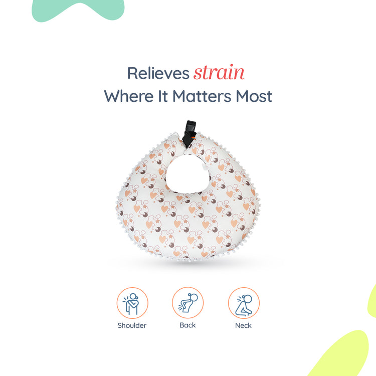 Adorables Feeding Pillow | Coffee & White | Heart Print with Pompom Lace Design | Cotton with Recron Filling