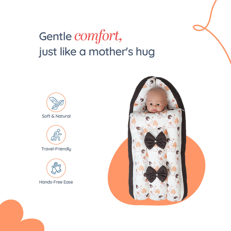 Adorables Baby Nest Bedding Combo Set 3 in 1 | Dark Coffee & White | Heart Print & Lace Design | Cotton & Recron | With Nest Bed, Basket (L) & Sleeping Bag