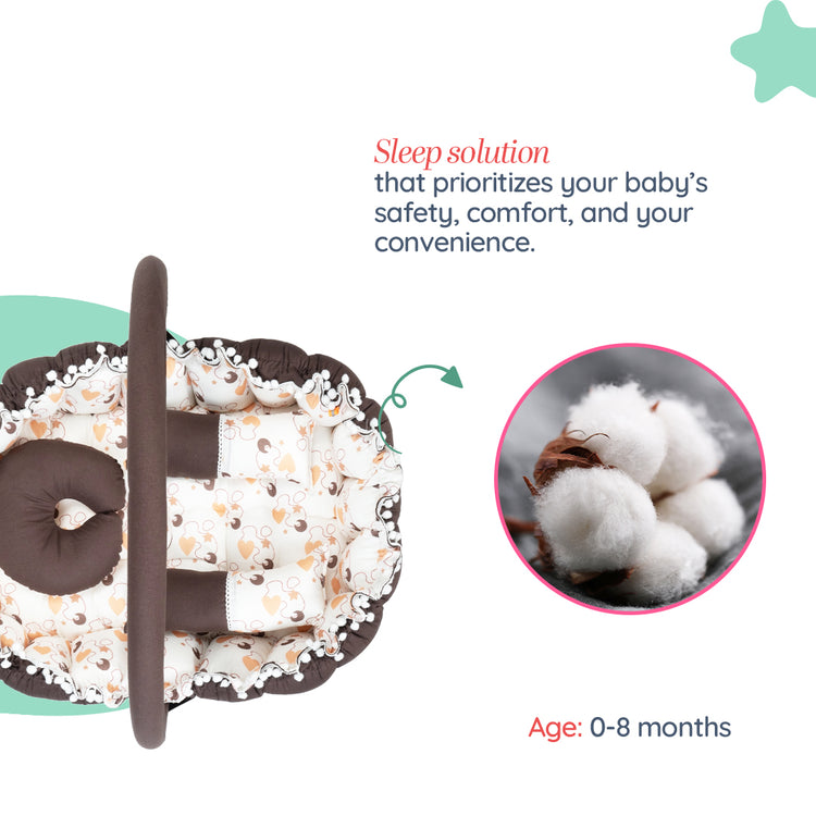 Adorables Oval Bed | Dark Coffee & White | Heart Print, Hanging Pillow, Lace Design, Removable Net