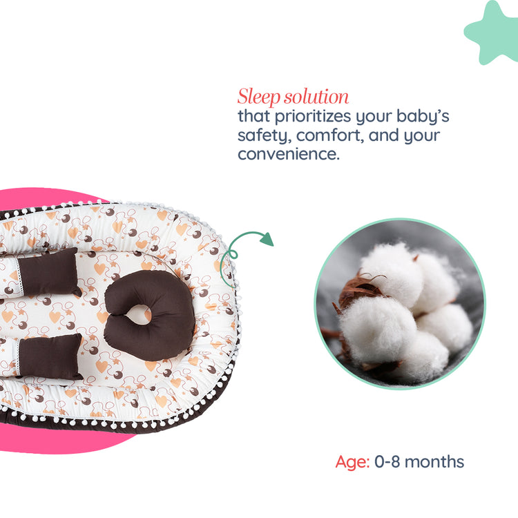 Adorables Baby Nest | Dark Coffee & White | Heart Print & Lace Design | Cotton & Recron | With Removable Net & Pillows