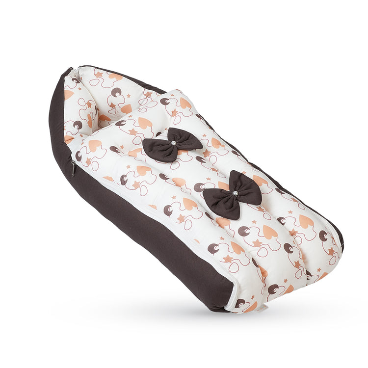 Adorables Baby Hospital Bedding Combo Set 3 in 1 | Dark Coffee & White | Heart Print, Bow & Lace Work | Cotton & Recron | Hospital Bed, Baby Holder & Basket (Large)