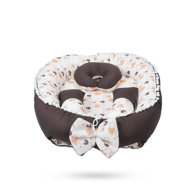 Adorables Baby Nest | Dark Coffee & White | Heart Print & Lace Design | Cotton & Recron | With Removable Net & Pillows