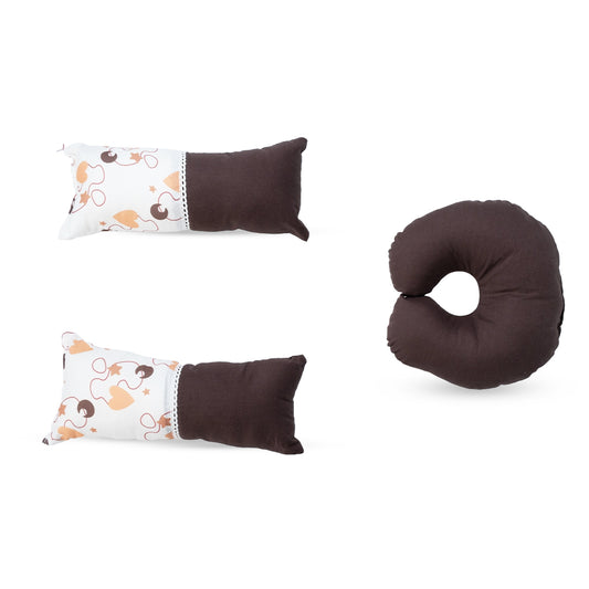 Adorables Pillow Set – Dark Coffee & White | Heart Print with Lace Design | Includes Side & Neck Pillows