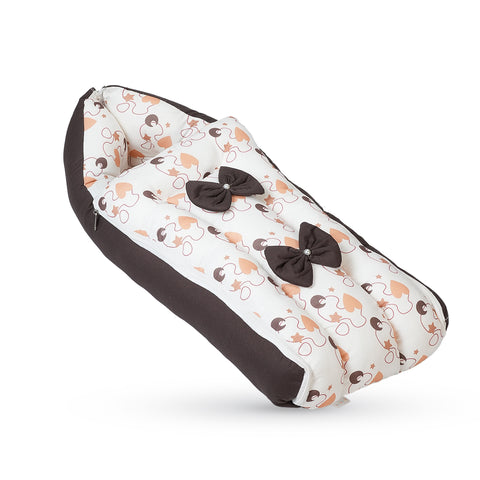 Adorables Baby Holder | Dark Coffee & White | Heart Print & Bow Work | Cotton & Recron