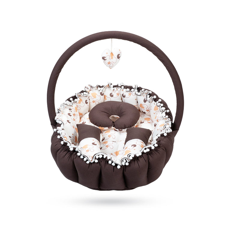 Adorables Oval Bed | Dark Coffee & White | Heart Print, Hanging Pillow, Lace Design, Removable Net