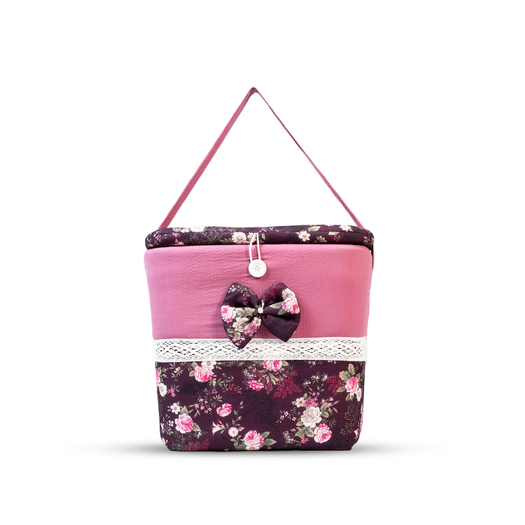 Adorables Baby Oval Bedding Combo Set 3 in 1 | Grape & Dusted Pink | Floral Print, Lace & Bow Accents | Cotton & Recron | Includes Oval Bed, Baby Holder & Storage Basket