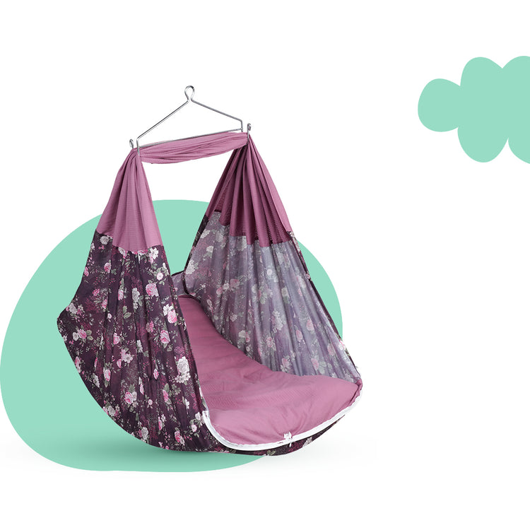 Adorables Bed Cradle | Grape & Dusted Pink | Cotton with Recron | Floral Print | Includes Star Hangings and Removable Net
