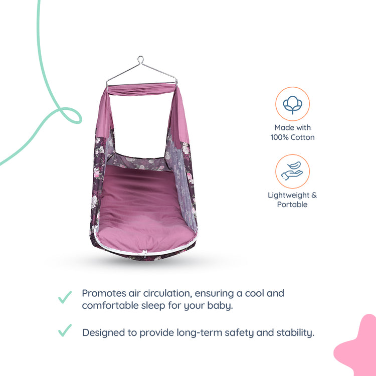 Adorables Bed Cradle | Grape & Dusted Pink | Cotton with Recron | Floral Print | Includes Star Hangings and Removable Net