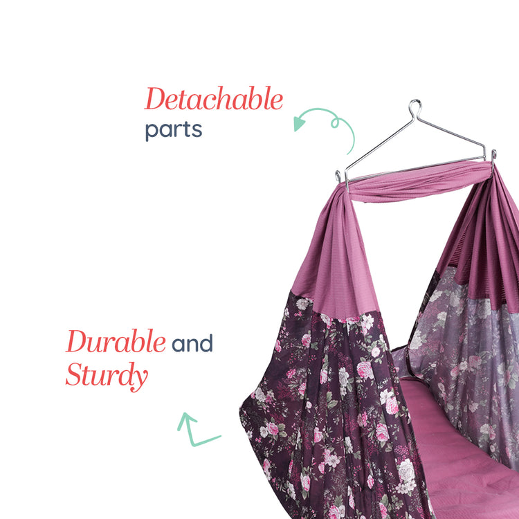Adorables Bed Cradle | Grape & Dusted Pink | Cotton with Recron | Floral Print | Includes Star Hangings and Removable Net