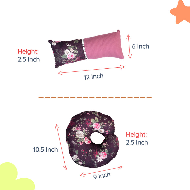 Adorables Pillow Set – Grape & Dusted Pink | Floral Print with Lace Design | Includes Side & Neck Pillows