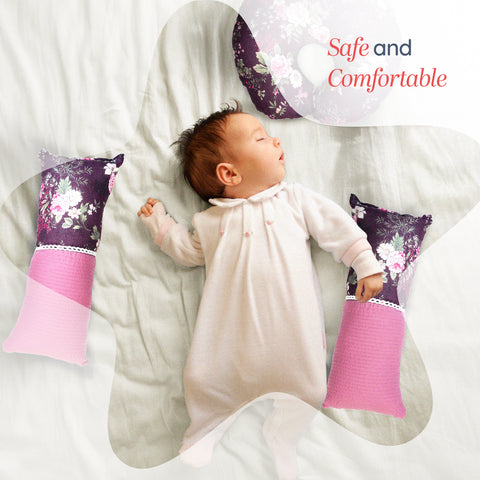 Adorables Pillow Set – Grape & Dusted Pink | Floral Print with Lace Design | Includes Side & Neck Pillows