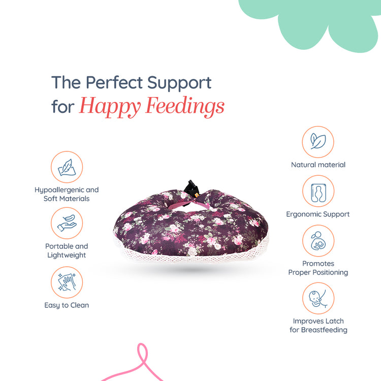 Adorables Feeding Pillow | Grape & Dusted Pink | Floral Print with Lace Design | Cotton with Recron Filling