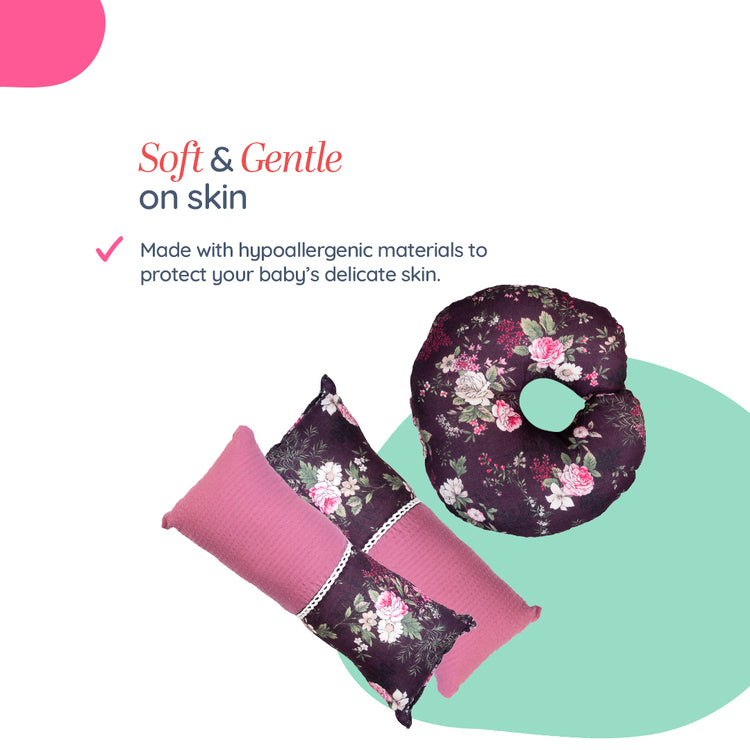 Adorables Pillow Set – Grape & Dusted Pink | Floral Print with Lace Design | Includes Side & Neck Pillows