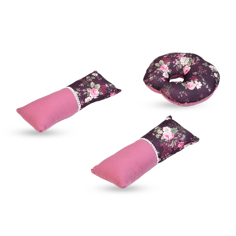 Adorables Pillow Set – Grape & Dusted Pink | Floral Print with Lace Design | Includes Side & Neck Pillows