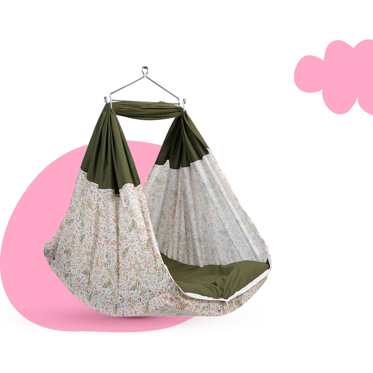 Adorables Bed Cradle | Olive Green & Off White | Cotton with Recron | Elegant Details for Comfort and Safety
