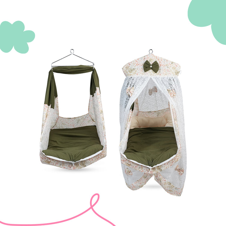 Adorables Bed Cradle | Olive Green & Off White | Cotton with Recron | Elegant Details for Comfort and Safety