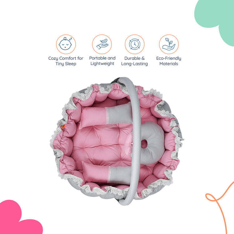 Adorables Baby Round Bedding Combo Set 3 in 1 | Grey & Pink | Bow Work & Lace | Cotton & Recron | With Round Bed, Basket (L) & Sleeping Bag