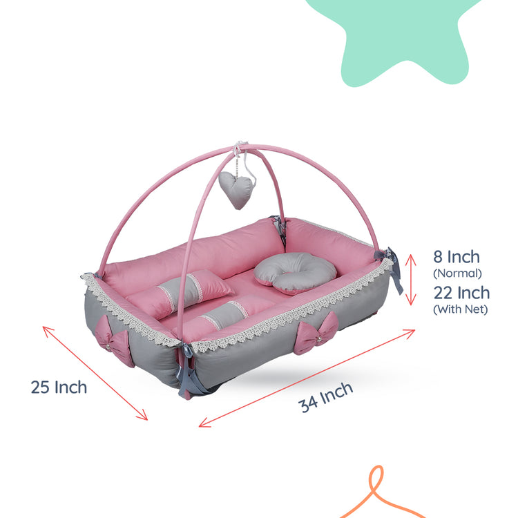Adorables Square Bed | Grey & Pink | Hanging Pillow, Lace Design | Cotton & Recron