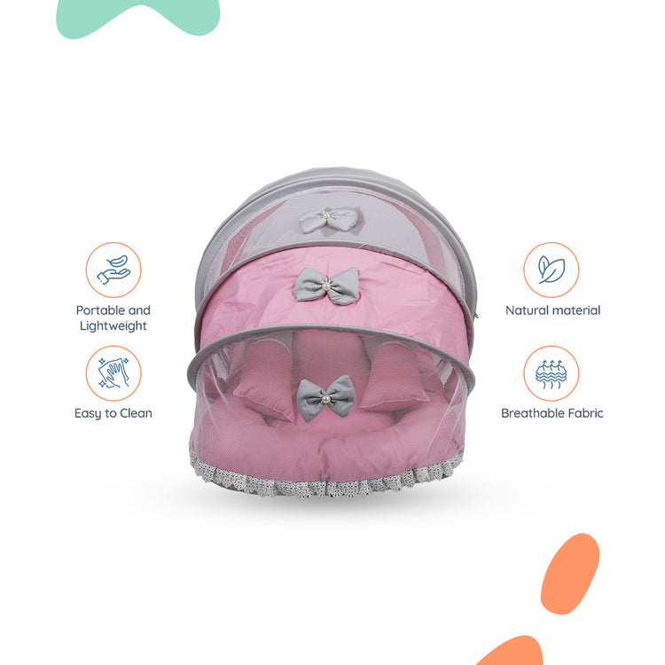 Adorables Hospital Bed | Grey & Pink | Bow Work with Lace Design | Cotton with Recron Filling