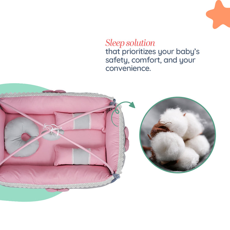 Adorables Square Bed | Grey & Pink | Hanging Pillow, Lace Design | Cotton & Recron
