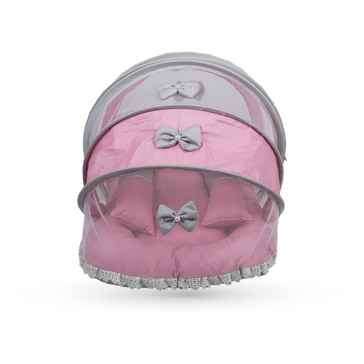 Adorables Baby Hospital Bedding Combo Set 3 in 1 | Grey & Pink | Lace & Bow Detailing | Cotton and Recron | With Hospital Bed, Basket (Large) and Sleeping Bag