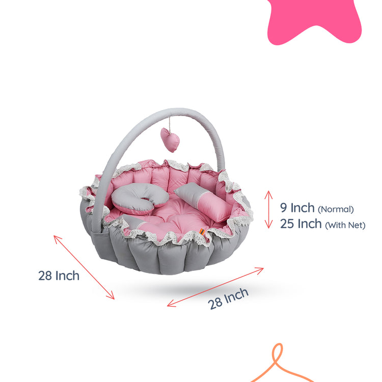 Adorables Baby Round Bedding Combo Set 4 in 1 | Grey & Pink | Lace, Bow & Pearl Design | Cotton & Recron | With Round Bed, Sleeping Bag, Basket (L) & Feeding Pillow